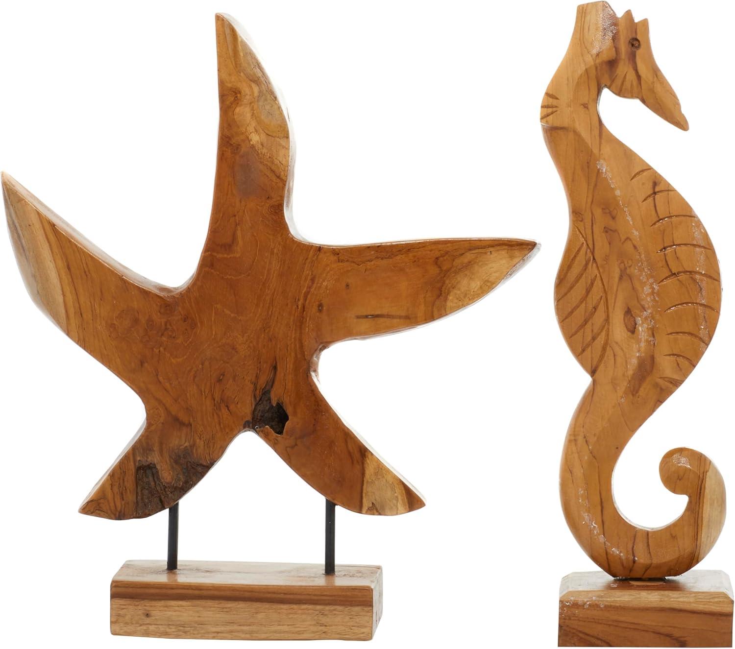 17", 18"H Brown Teak Wood Handmade Carved Sea Horse Sculpture with Starfish, by DecMode (2 Count)