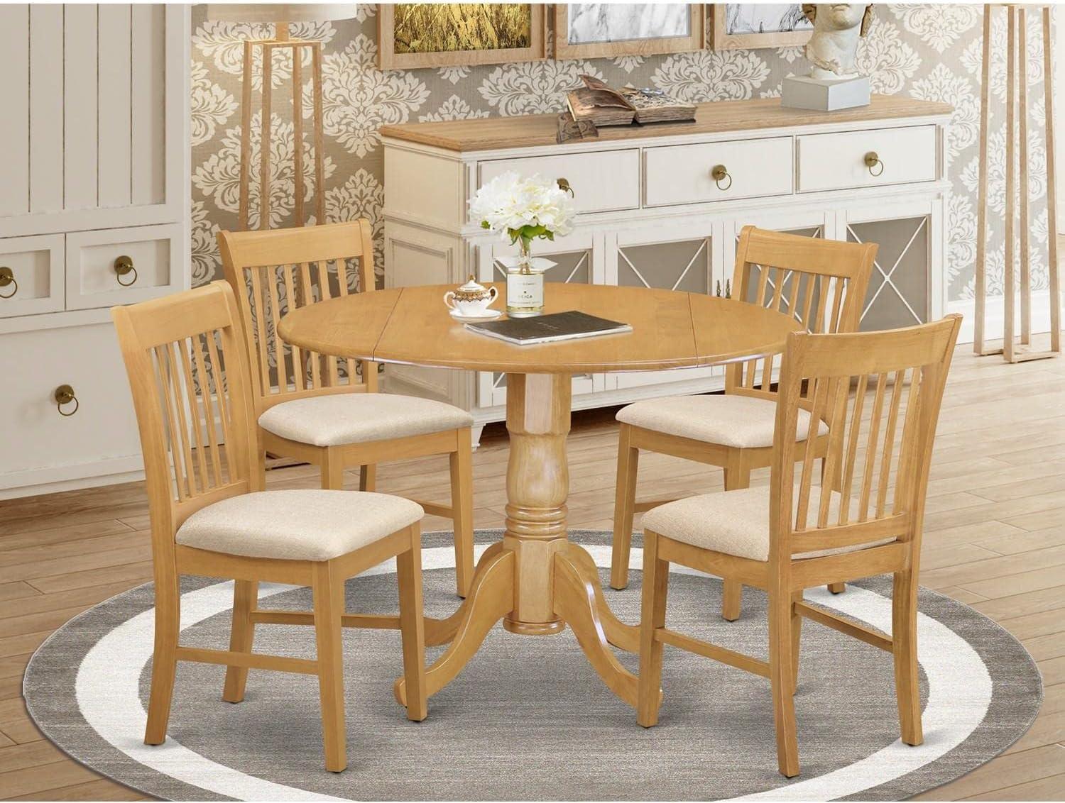 Oak 5-Piece Round Drop Leaf Dining Set with Linen Upholstered Chairs