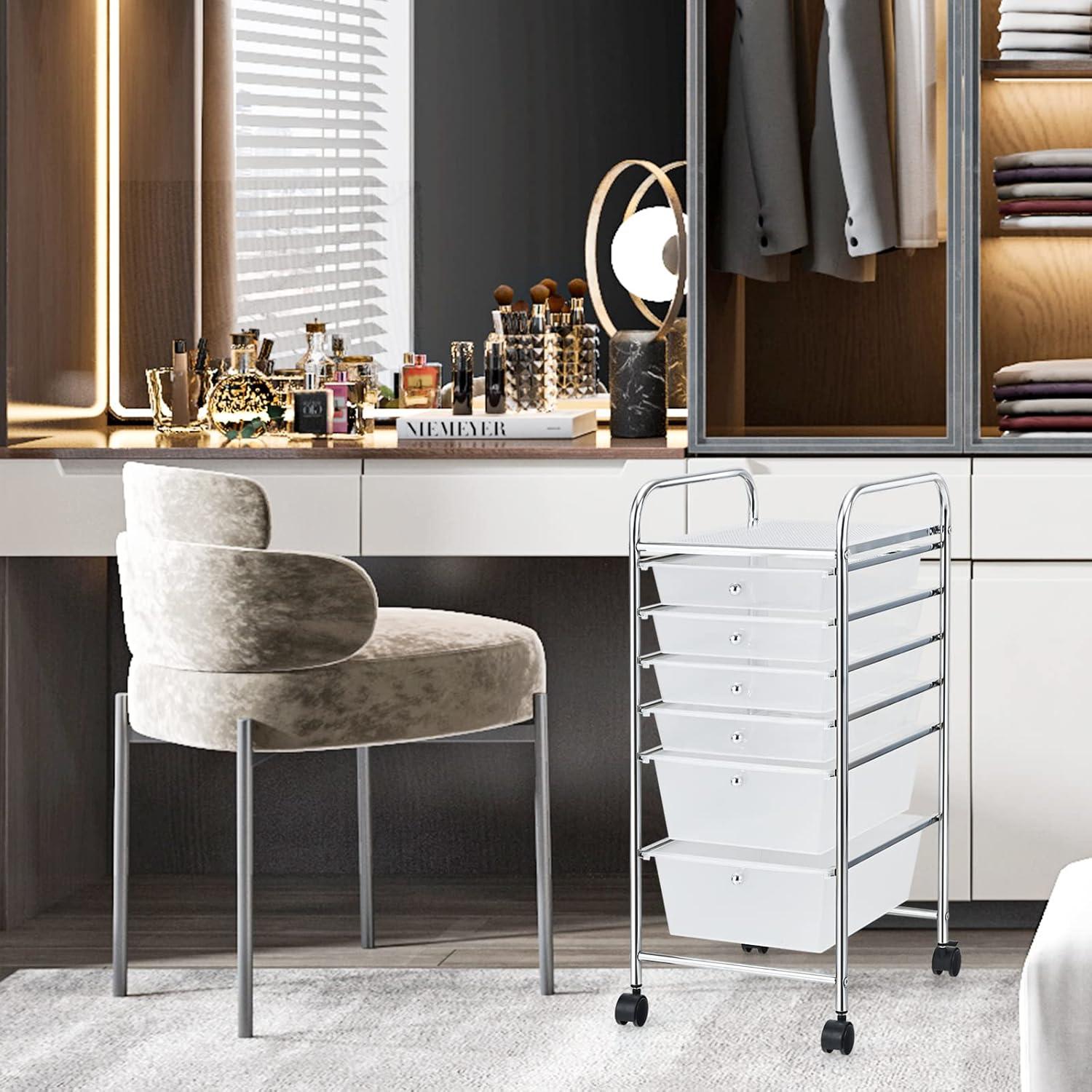 Clear 6-Drawer Rolling Storage Cart with Chrome Frame