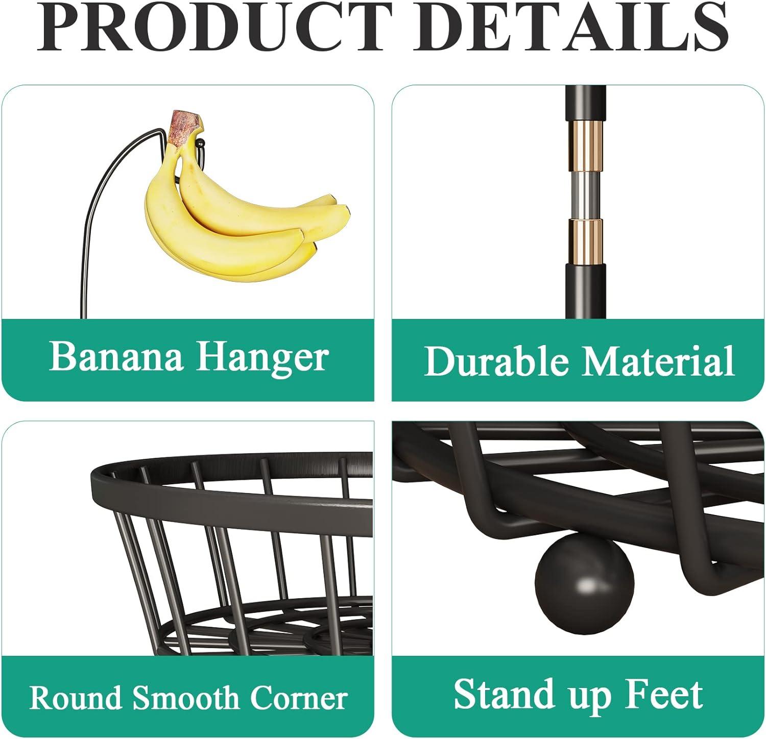 Black Metal 2-Tier Fruit Basket with Banana Hanger