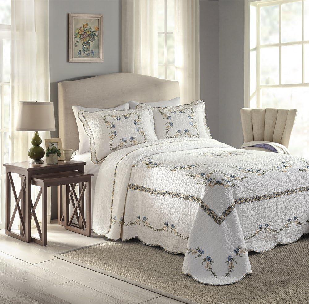 Heather Twin Blue Cotton Bedspread with Scalloped Edge