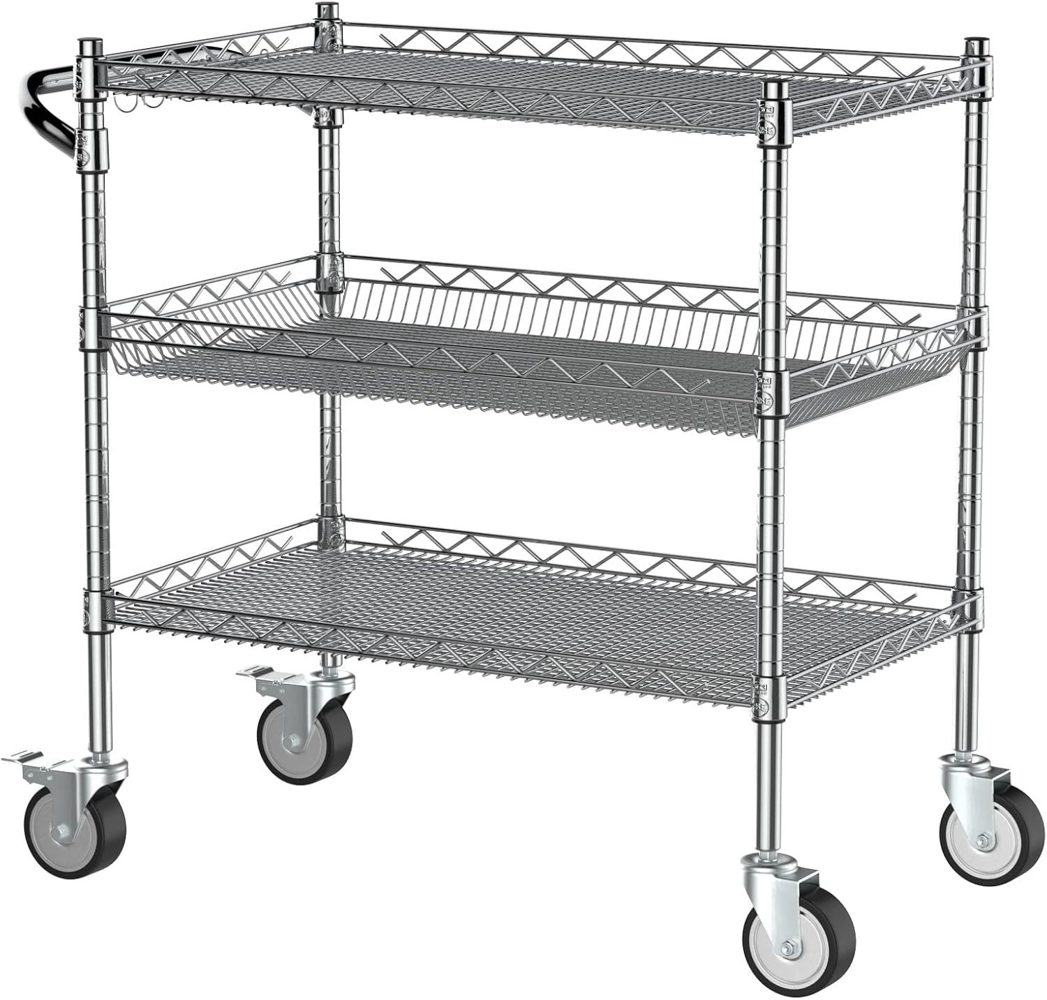 990lbs Capacity 3 Tier Heavy Duty NSF Rolling Chrome trolley Cart with Wheels & Wire Shelving & Handle Bar-Storage Carts on Wheels for Kitchen, Office, Outdoor,Serving