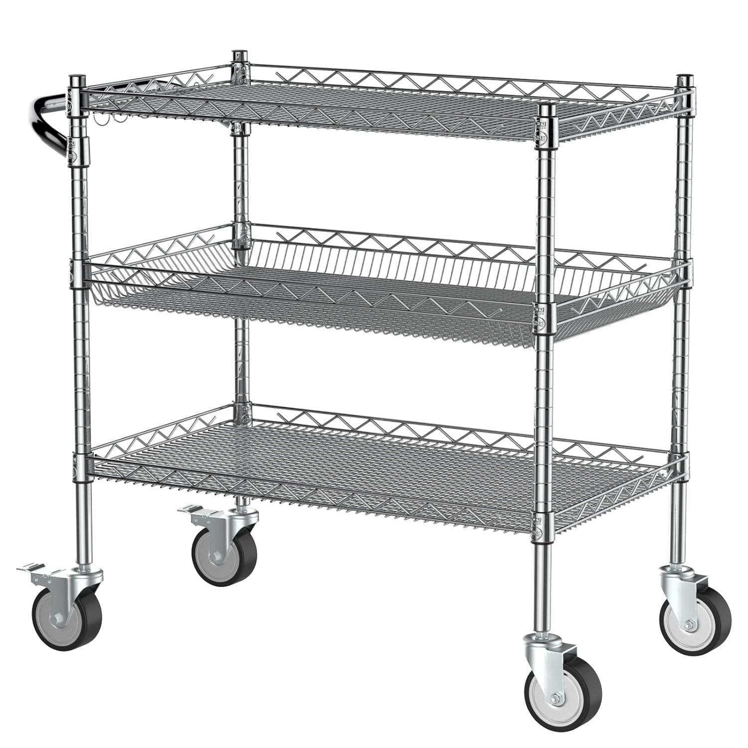 Leteuke Heavy Duty 3 Tier Rolling Utility Cart,NSF Certified 990Lbs Capacity Rolling Carts with Wheels,Commercial Grade Metal Cart with Handle Bar & Shelf Liner,Trolley Serving Cart for Kitchen,Chrome