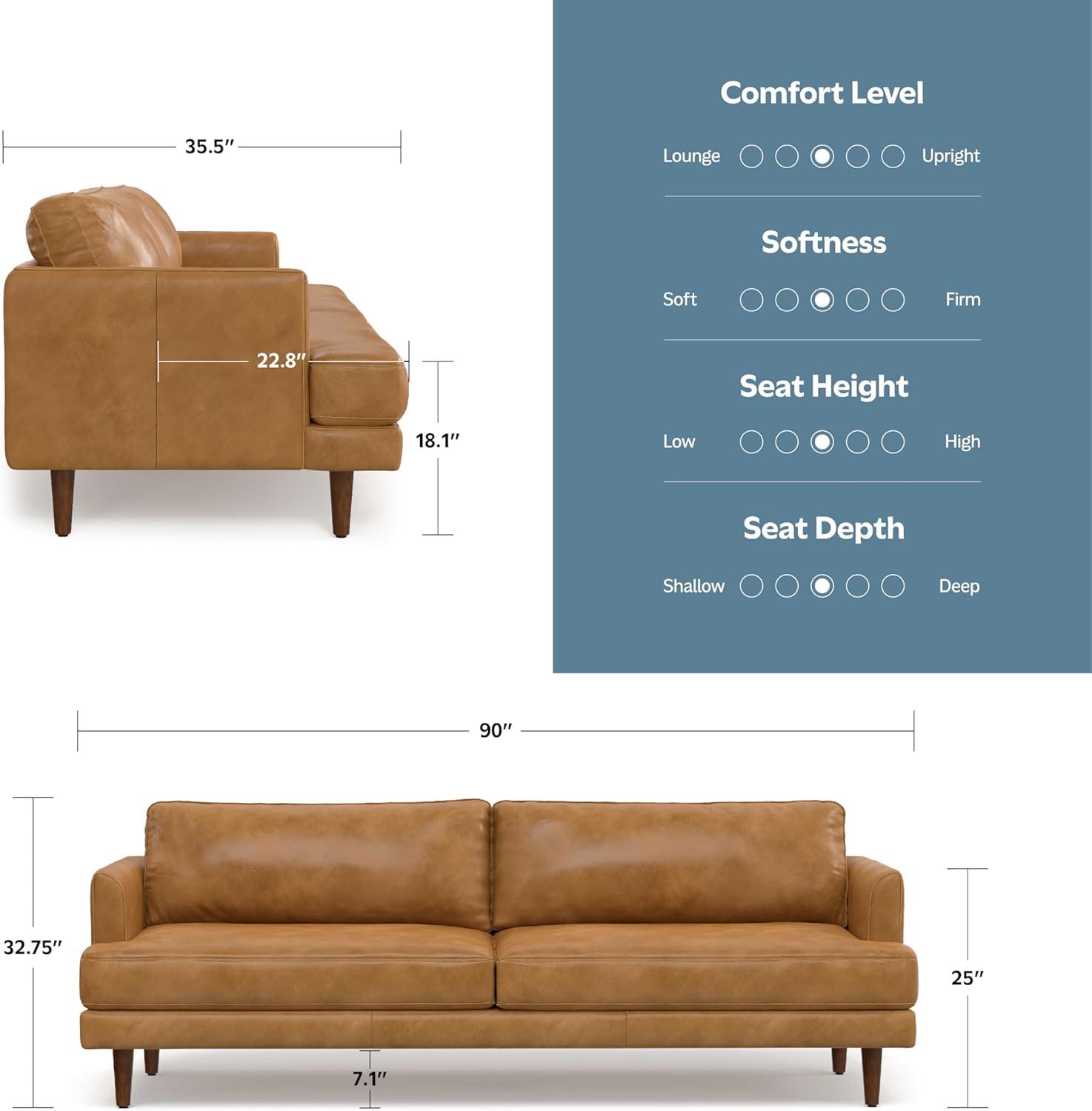 Simpli Home Livingston Top Grain Genuine Leather Mid-Century Modern Sofa With Solid Wood Frame For Living Room