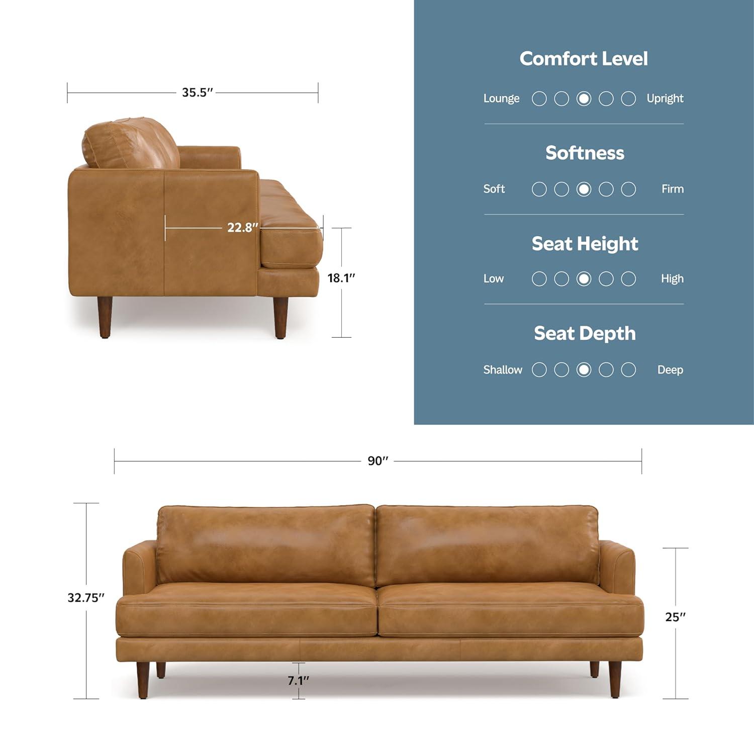 Simpli Home Livingston Top Grain Genuine Leather Mid-Century Modern Sofa With Solid Wood Frame For Living Room