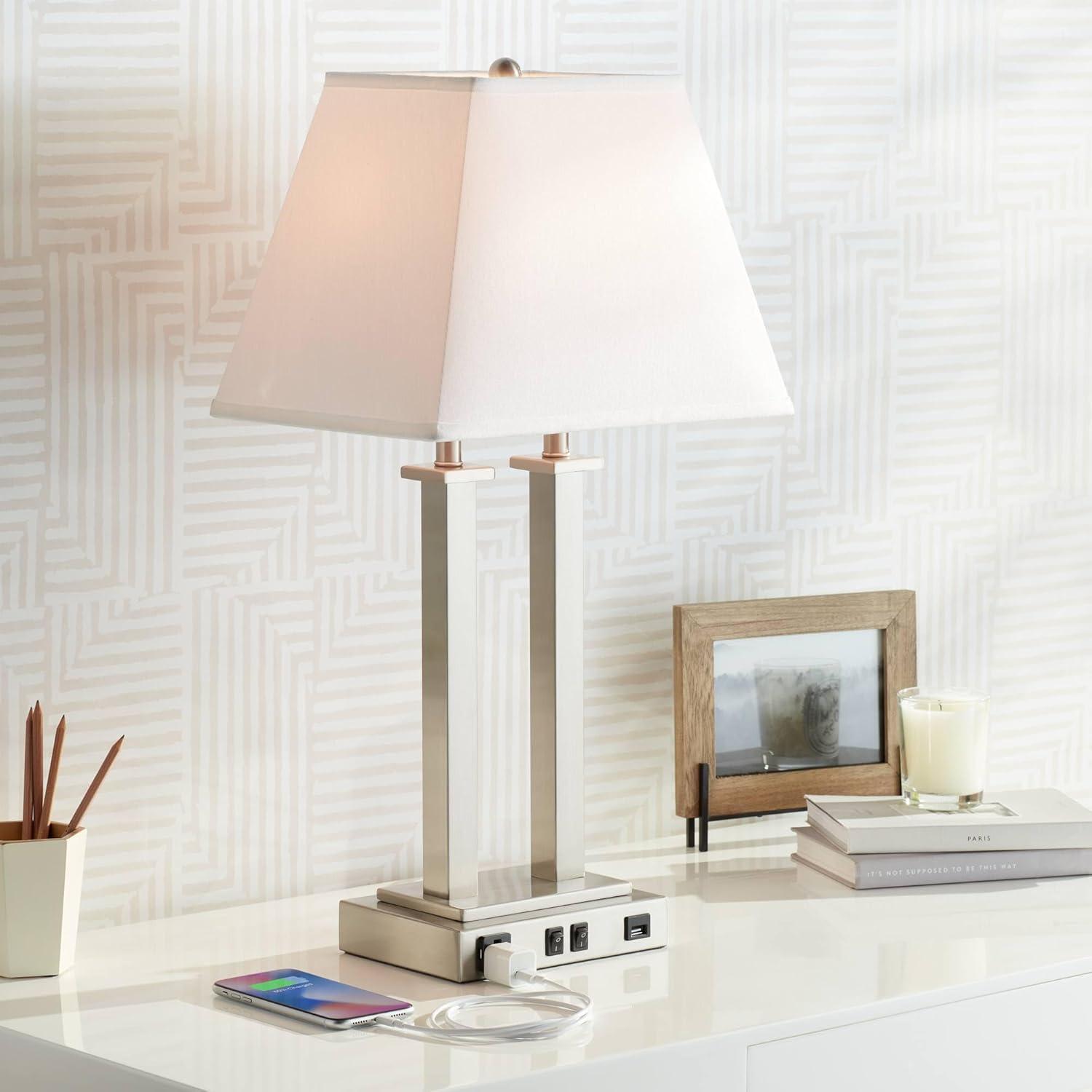 Possini Euro Design Amity Modern Table Lamp 26" High Brushed Nickel with USB and AC Power Outlet in Base White Linen Shade for Bedroom Bedside Desk