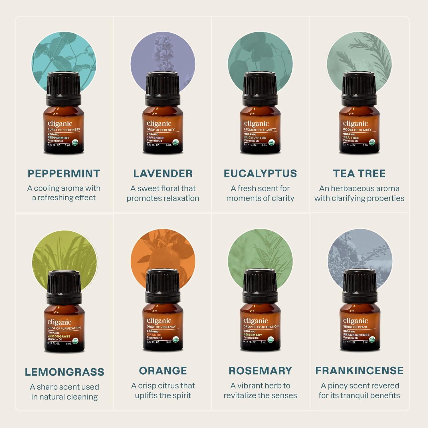 Cliganic Organic Aromatherapy Set - Top 8 Essential Oils - 8x0.17oz