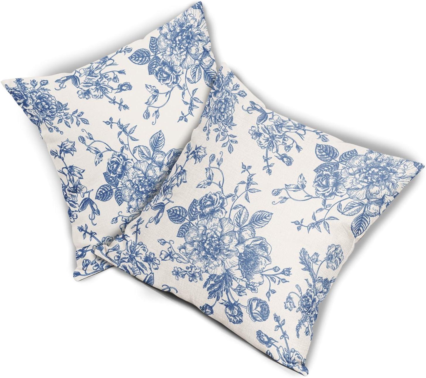 Vintage Blue Floral Cotton Linen Pillow Covers 18x18 Inch Set of 2