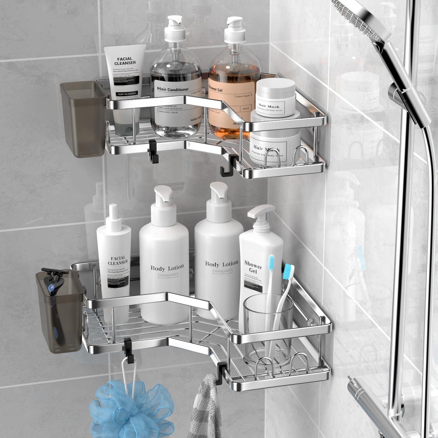 Corner Shower Caddy 2 Pack Organizer Shelves No Drilling Stainless Steel with Hooks&Toothpaste Holder