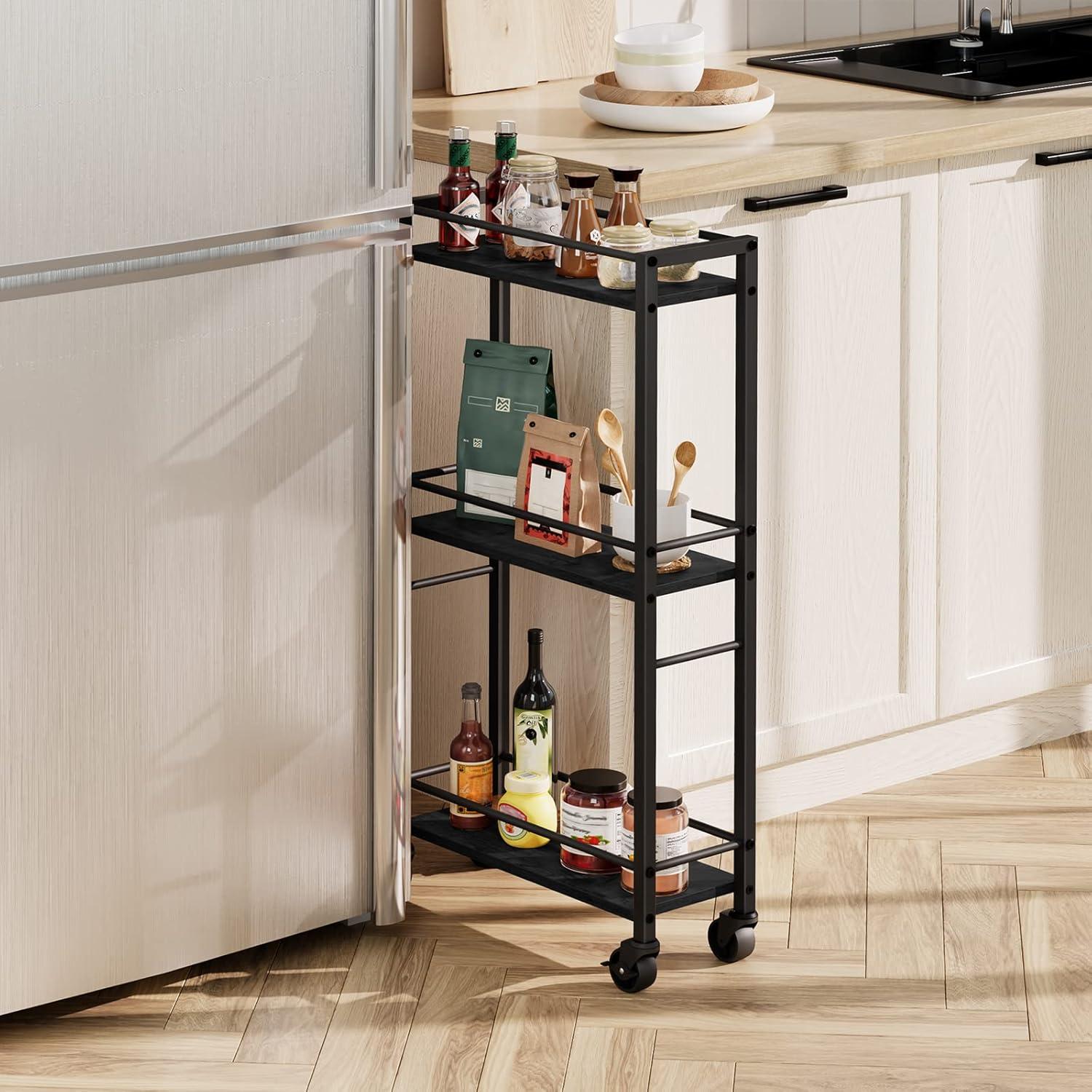 Slim Rolling Cart, Mobile Kitchen Cart on Wheels, Narrow Storage Cart for Small Space, Wooden Service Cart, for Bathroom, Laundry, Living Room, Black RCHB1501