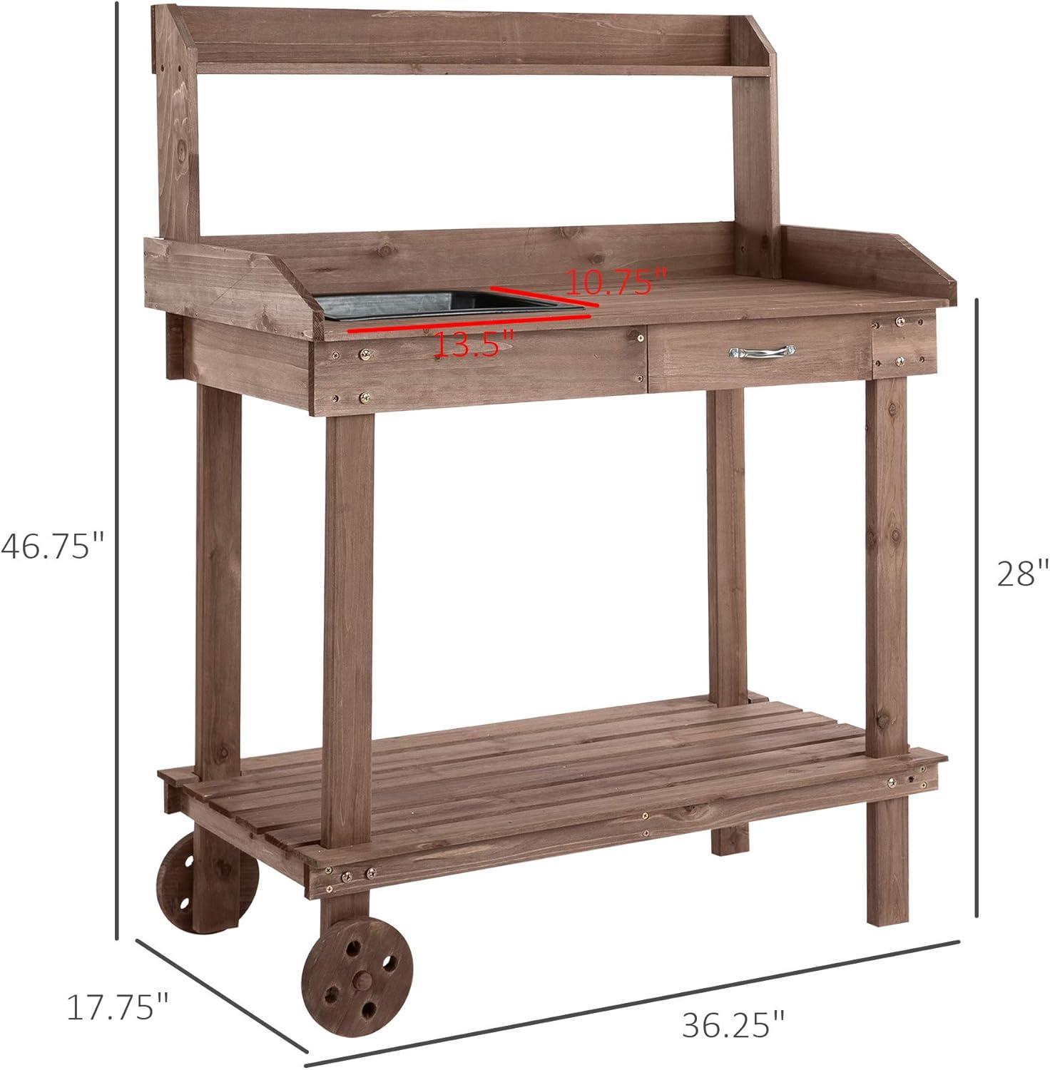 Outsunny 36'' Wooden Potting Bench Work Table with 2 Removable Wheels, Sink, Drawer & Large Storage Spaces, Brown