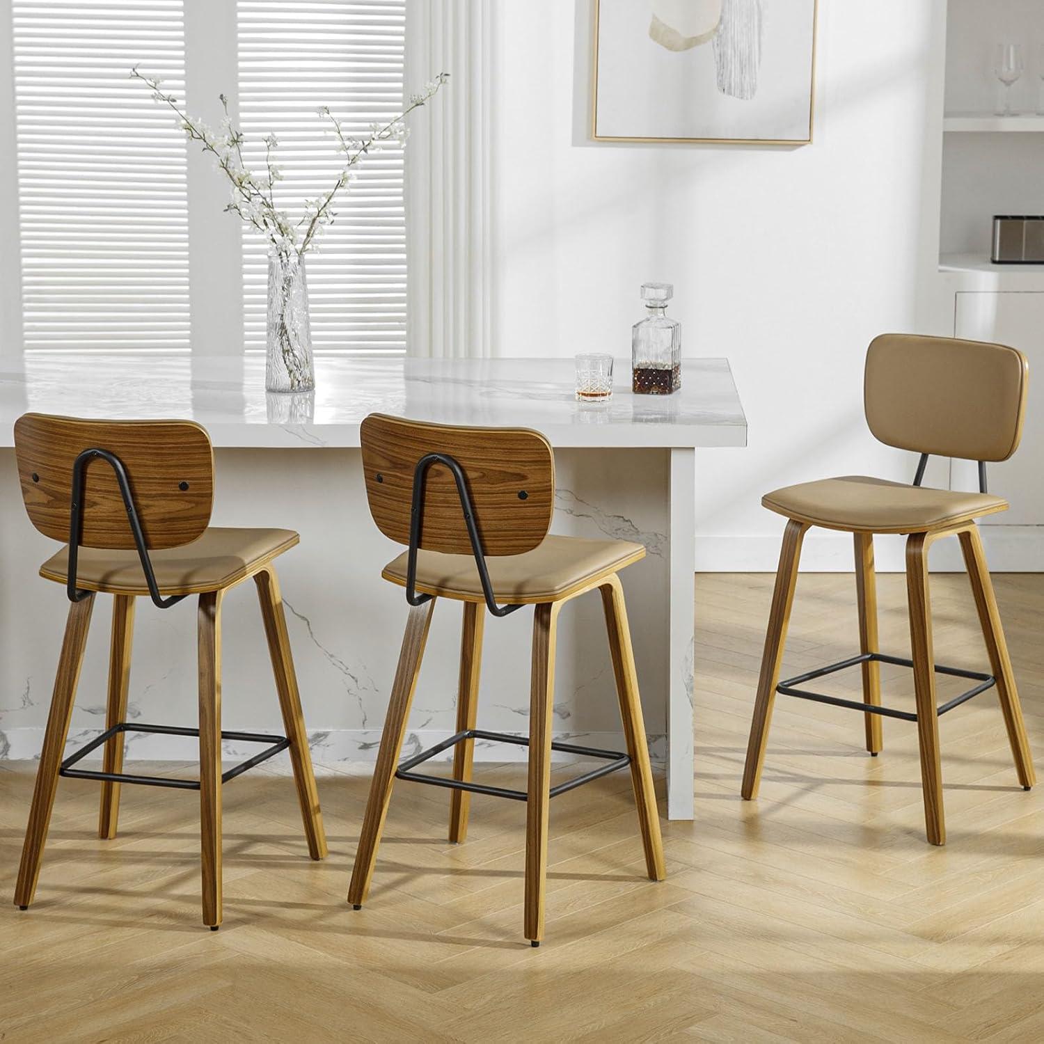 Brown PU Leather Upholstered Counter Stools with Wood Legs, Set of 3