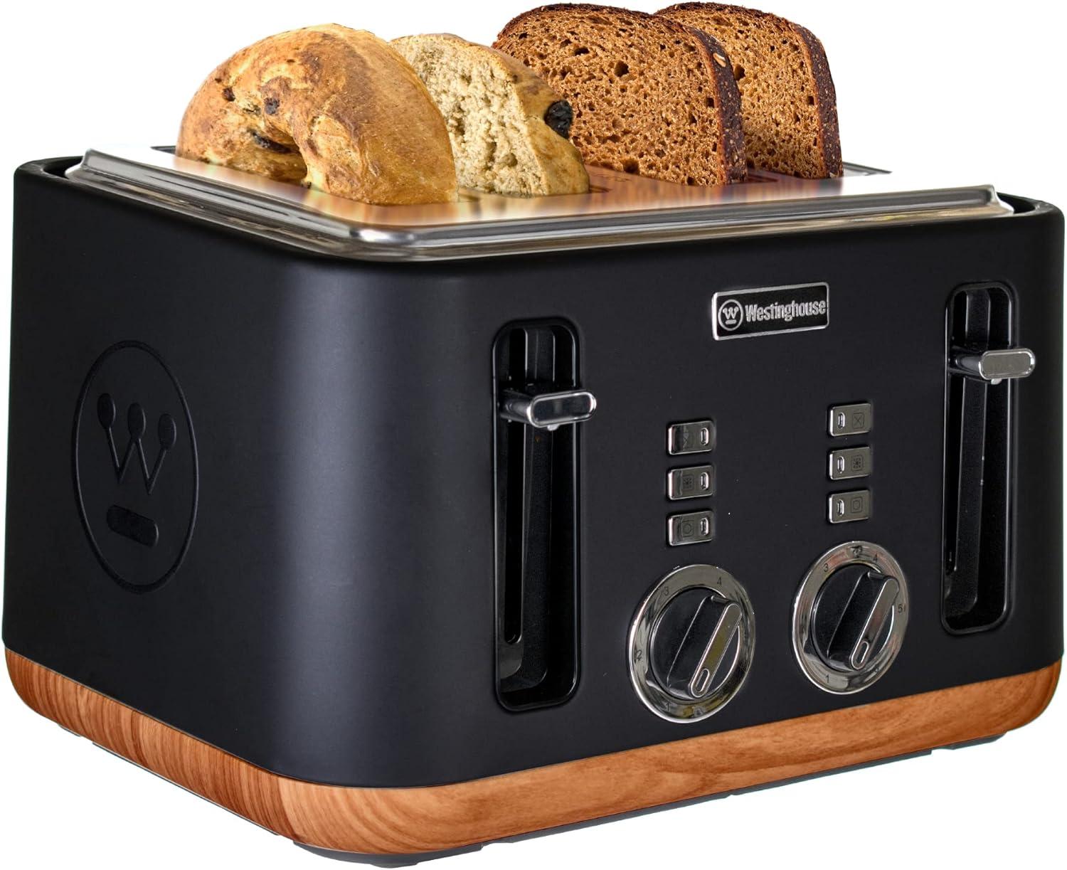 Black and Wood Finish 4-Slice Toaster with Wide Slots and Crumb Tray