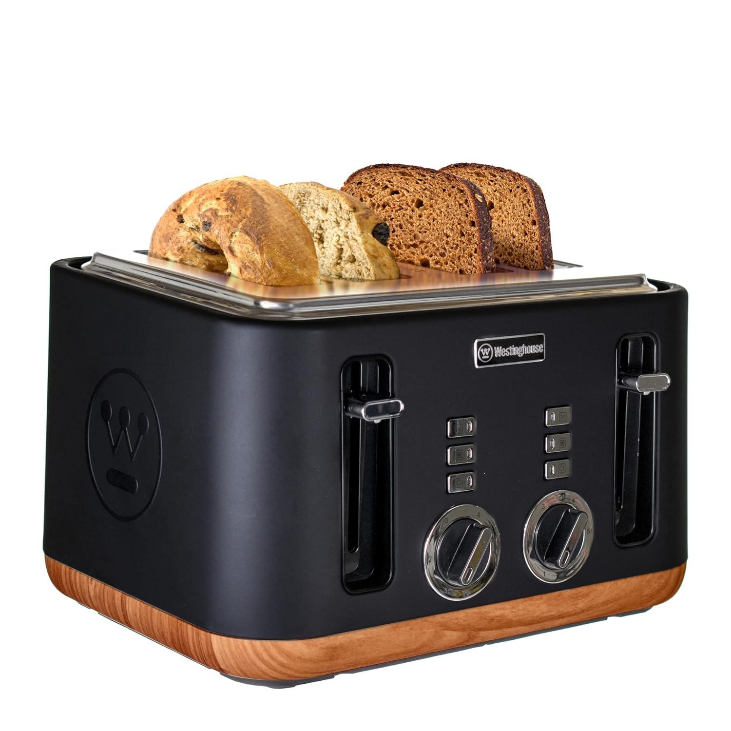 Black and Wood Finish 4-Slice Toaster with Wide Slots and Crumb Tray