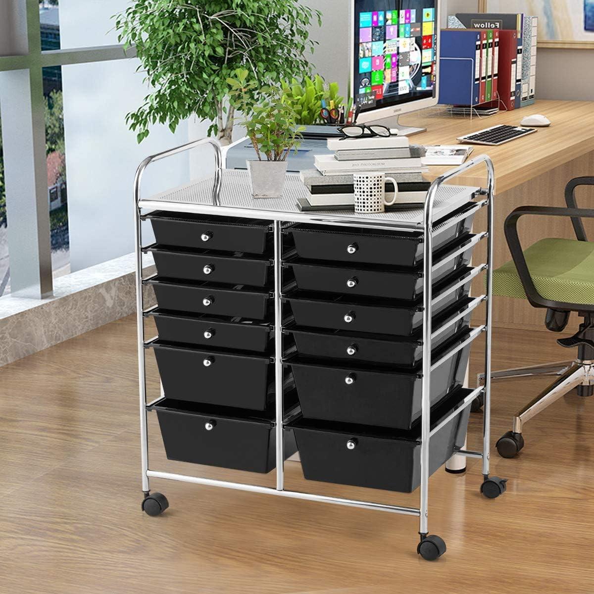 Black 12-Drawer Rolling Storage Cart with Chrome Frame