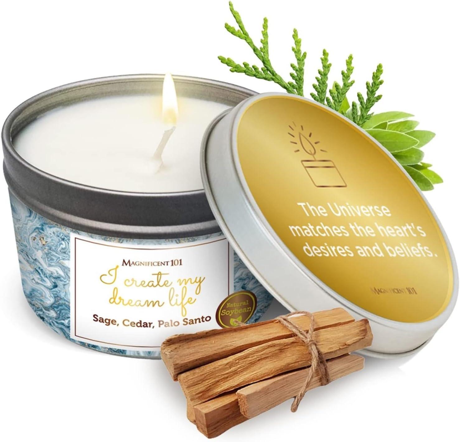 MAGNIFICENT 101 Affirmations Sage, Cedar, Palo Santo, Sprinkle of sage Leaves Smudge Candle for House Energy Cleansing, Banishes Negative Energy - Soy Wax Tin Candle (I Create My Dream Life)