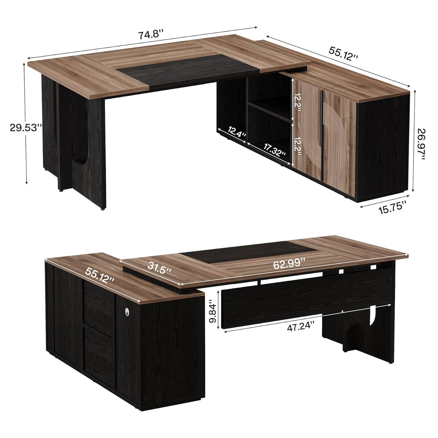 Tribesigns 74.8 Inch Executive Desk, Large Office Desk with Cabinet, L Shaped Computer Table with Shelves and CPU Storage, Modern Home Office Desks Business Furniture Workstation Set
