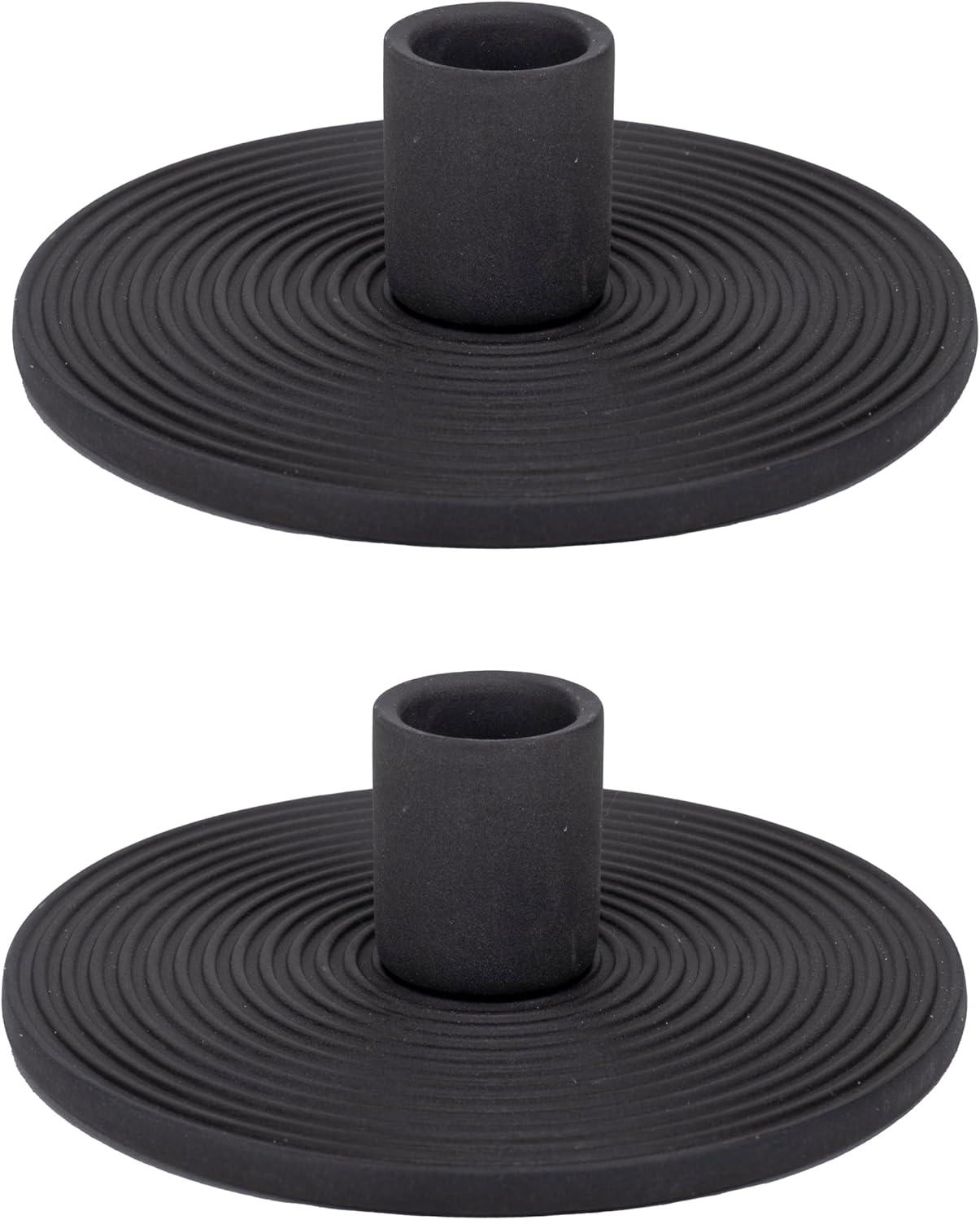 Elanze Designs Ribbed Ceramic , Mantle Decorations, Dining Table Centerpiece, Artisan, Candlestick Holder for Tapered Candles, Pack of 2, Black