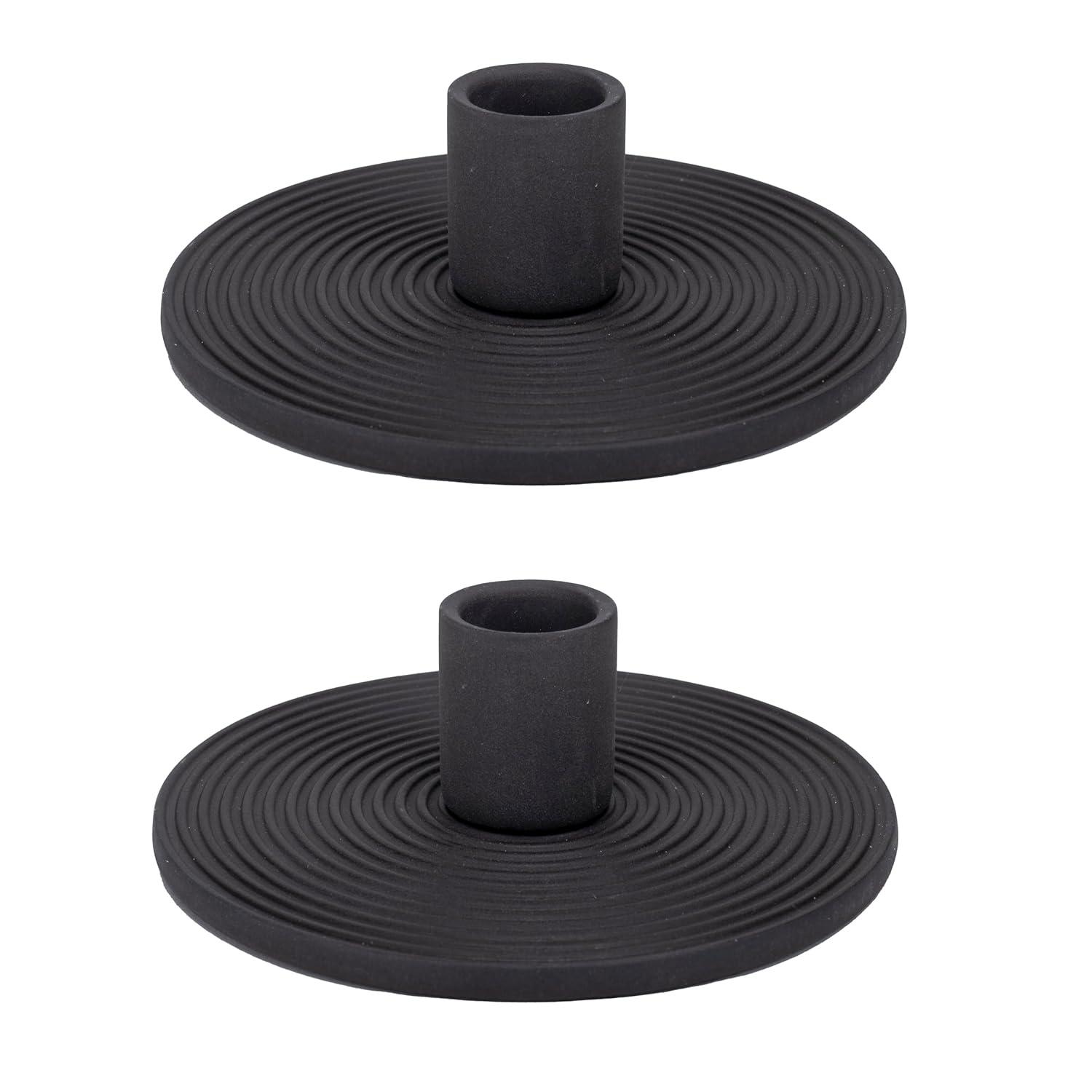 Elanze Designs Ribbed Ceramic , Mantle Decorations, Dining Table Centerpiece, Artisan, Candlestick Holder for Tapered Candles, Pack of 2, Black