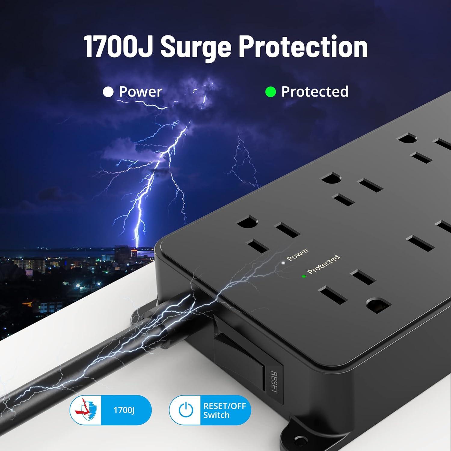 TROND Power Strip Surge Protector, ETL Listed, 15A, 7 Wide Spaced Outlets with 3 USB Ports, 14AWG Heavy Duty, 5ft Extension Cord, Wall Mount/Under Desk, 1700J, for Home Office Garage, Black