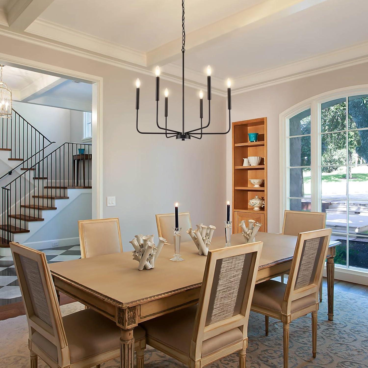 Modern Black Chandelier for Dining Room,Metal 6-Light Kitchen Light Fixtures,Farmhouse Candle Hanging Pendant Light for Living Room Entryway Foyer Bedroom (Bulbs Not Included)