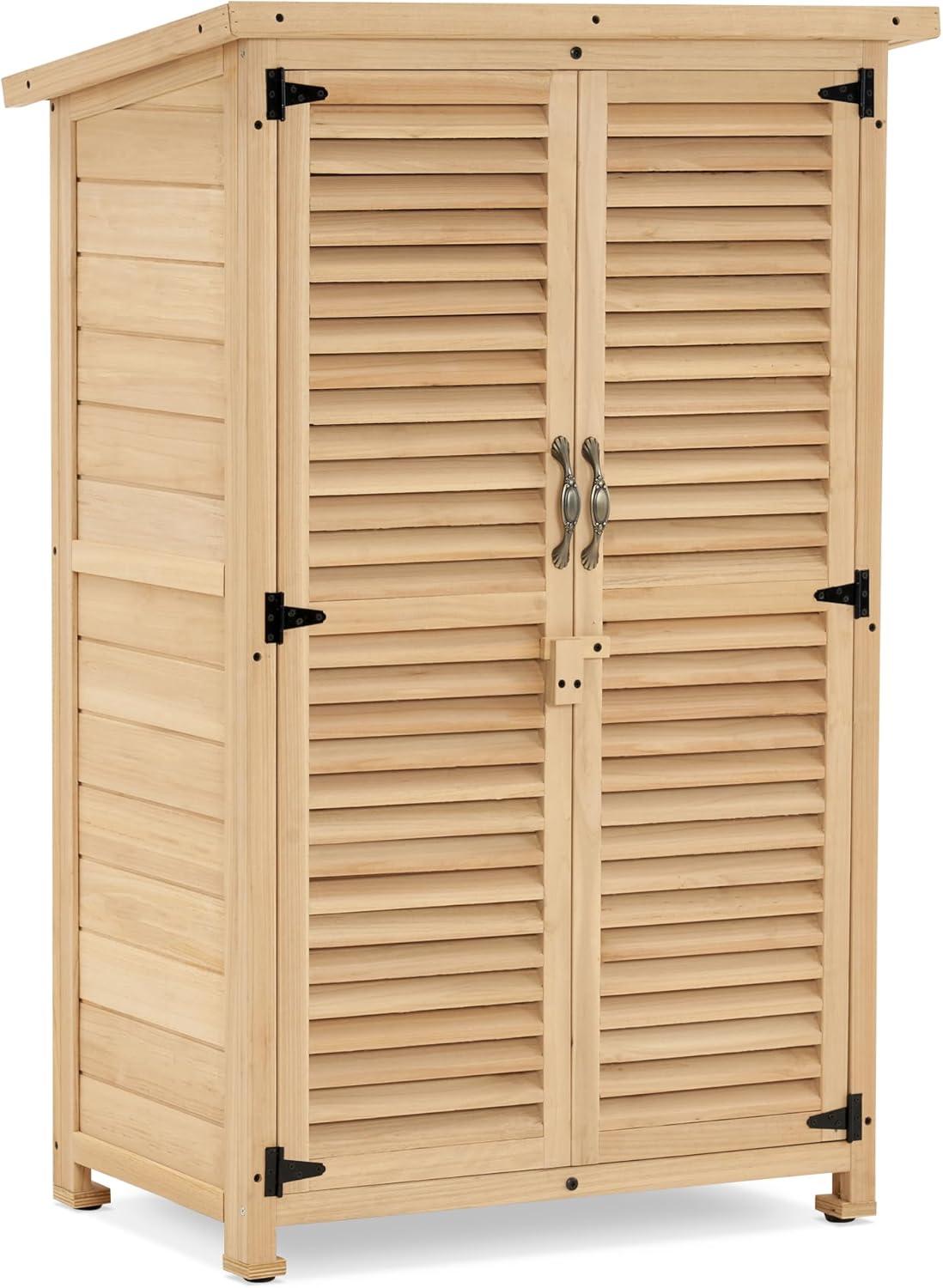 MCombo Outdoor Wooden Storage Cabinet, Garden Tool Shed w/ Latch, Outside Tools Wood Cabinet Double Doors