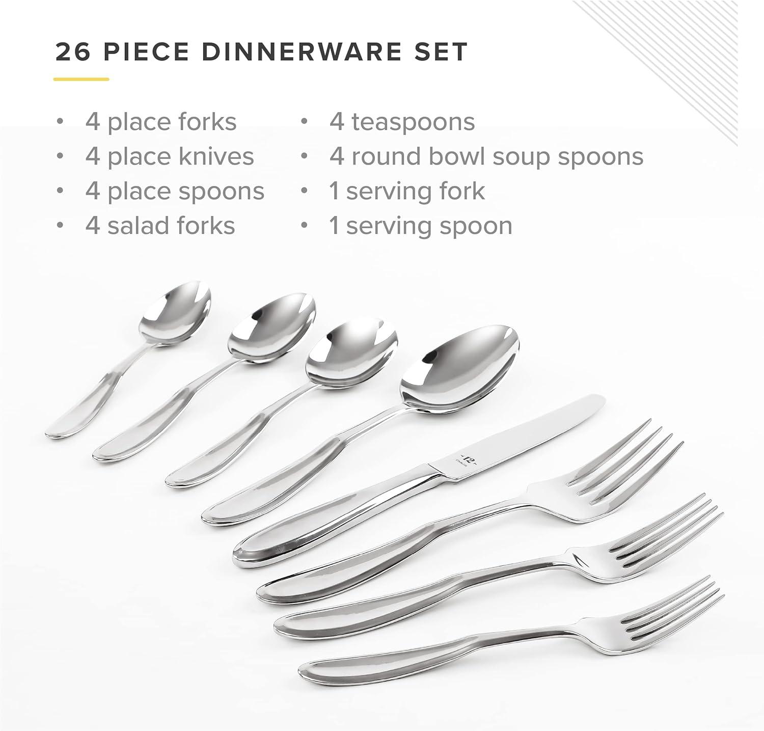 TABLE 12 26-Piece Stainless Steel Flatware Set with Beveled Round Edges, Service for 4