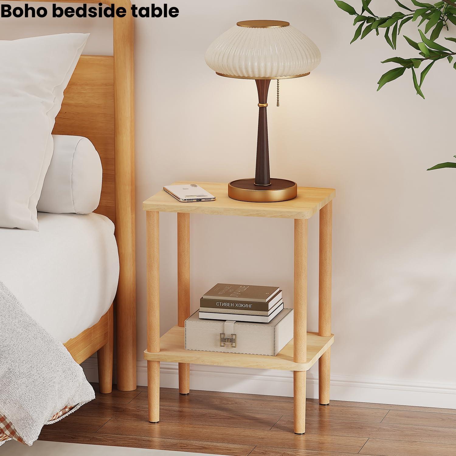 LUCKNOCK Solid Wood Side Table, 2-Tier Small End Table with Storage Shelf, Narrow Nightstand Bedside Table for Small Spaces, Bedroom, Living Room, Farmhouse, No-Tool Assembly.