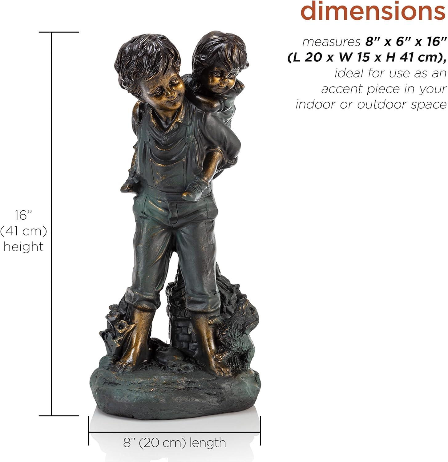 Alpine Corporation 16" Polyresin Girl and Boy with Dog Sitting on Bench Sculpture Bronze: Durable Outdoor Decor, Magnesium Oxide, Rust-Resistant