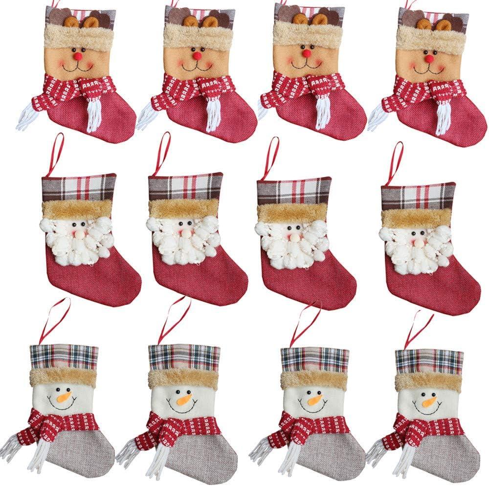 JOYFY 12 Pcs Mini Christmas Stockings 3D Bulk Xmas Stockings Santa Snowman Reindeer Burlap Stockings for Present Holders Treat Bags