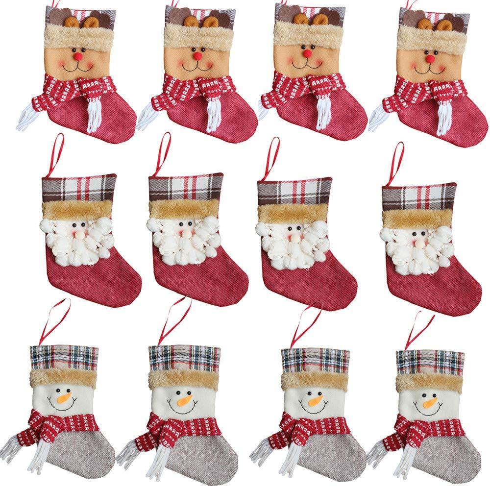 JOYFY 12 Pcs Mini Christmas Stockings 3D Bulk Xmas Stockings Santa Snowman Reindeer Burlap Stockings for Present Holders Treat Bags