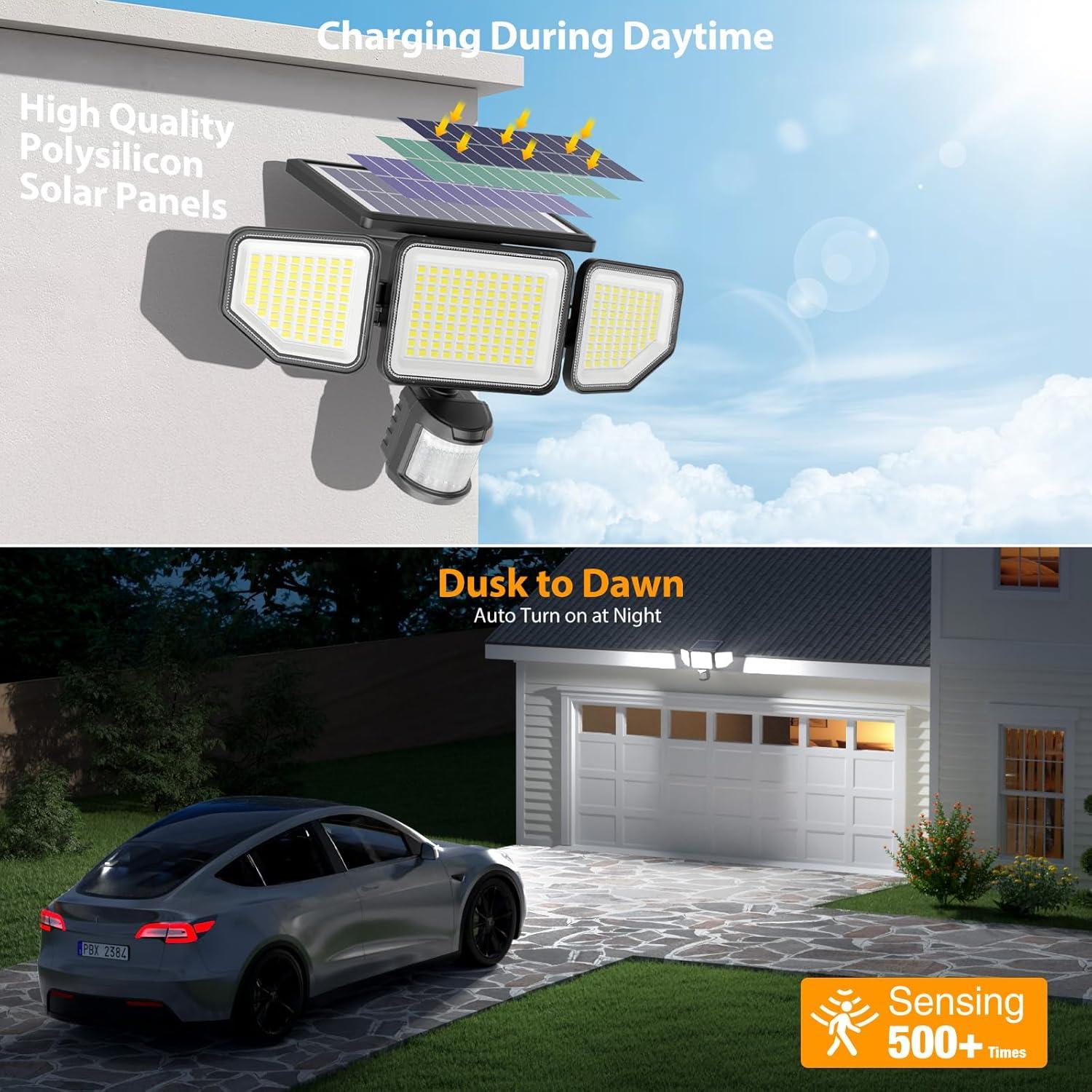 Onforu 3000LM Solar Lights Outdoor, 3 Heads Security Lights with Remote Control, IP65 Waterproof Motion Sensor Lights, 3 Modes Flood Lights for Wall, Porch, Yard, Outside, 2 Pack