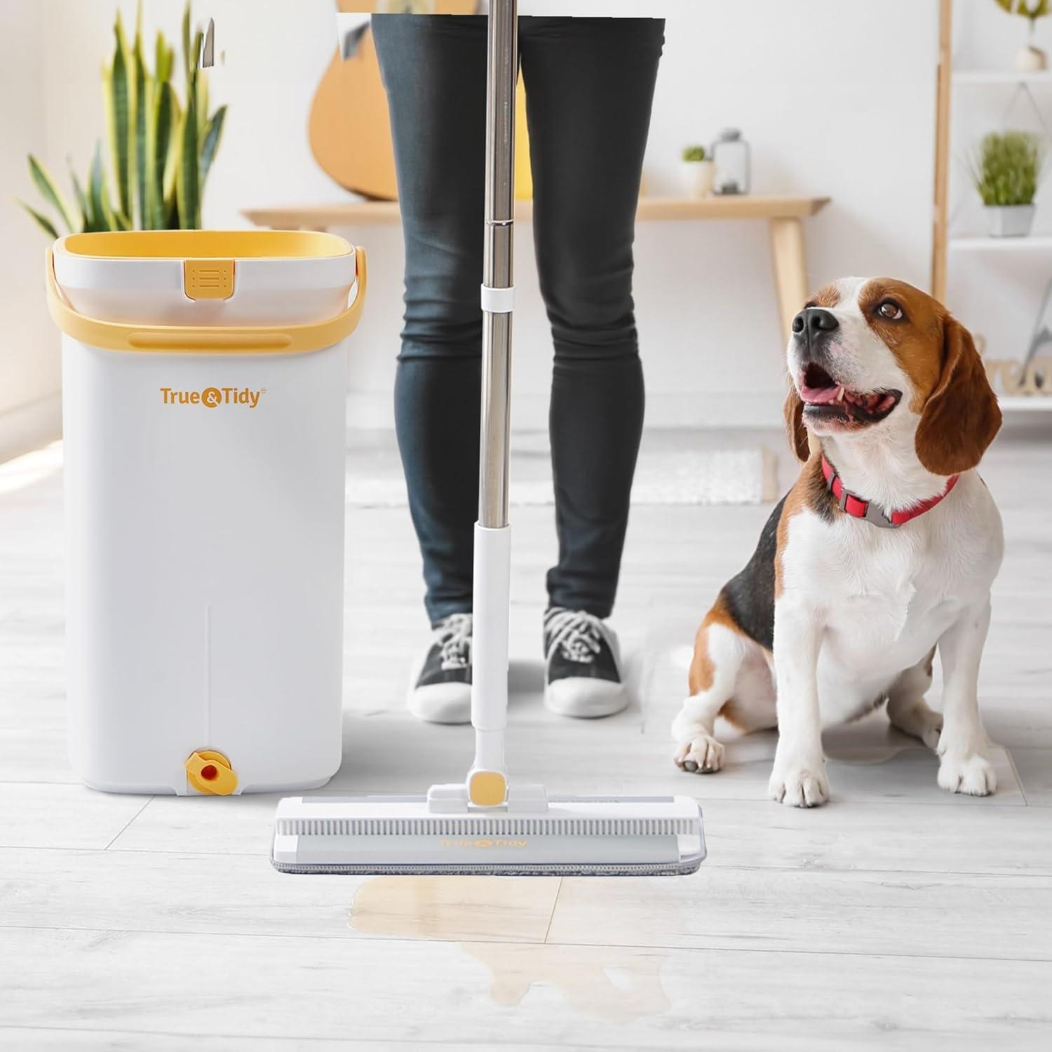 True & Tidy® TrueClean Mop & Bucket Spin Mop Pump System, Patent Pending 3 Compartments Separate Clean & Dirty Water, Hands-Free Self-Wringing Aluminum Head, Machine Washable Pads, in Gift Box