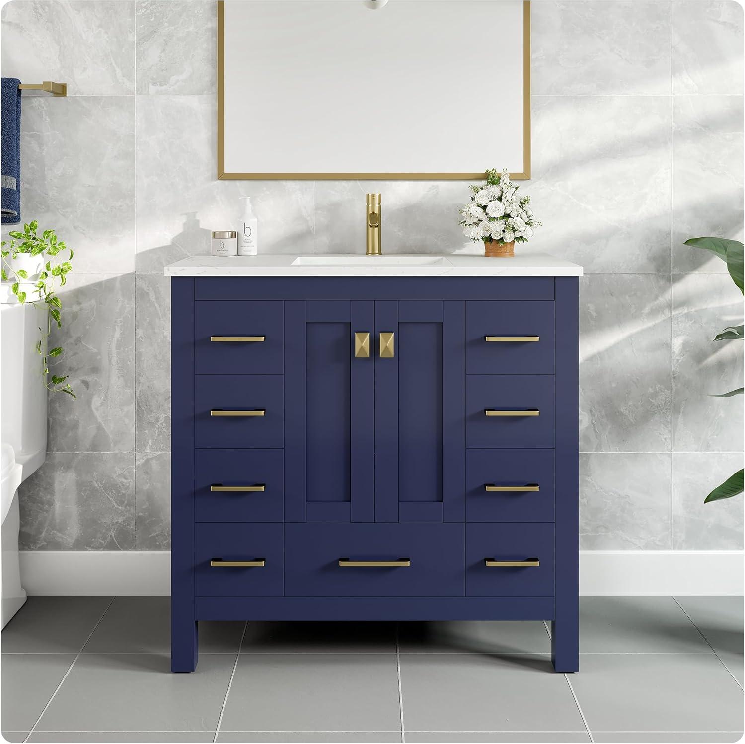 Eviva Hampton 36" Gray Transitional Bathroom Vanity w/ White Carrara Top