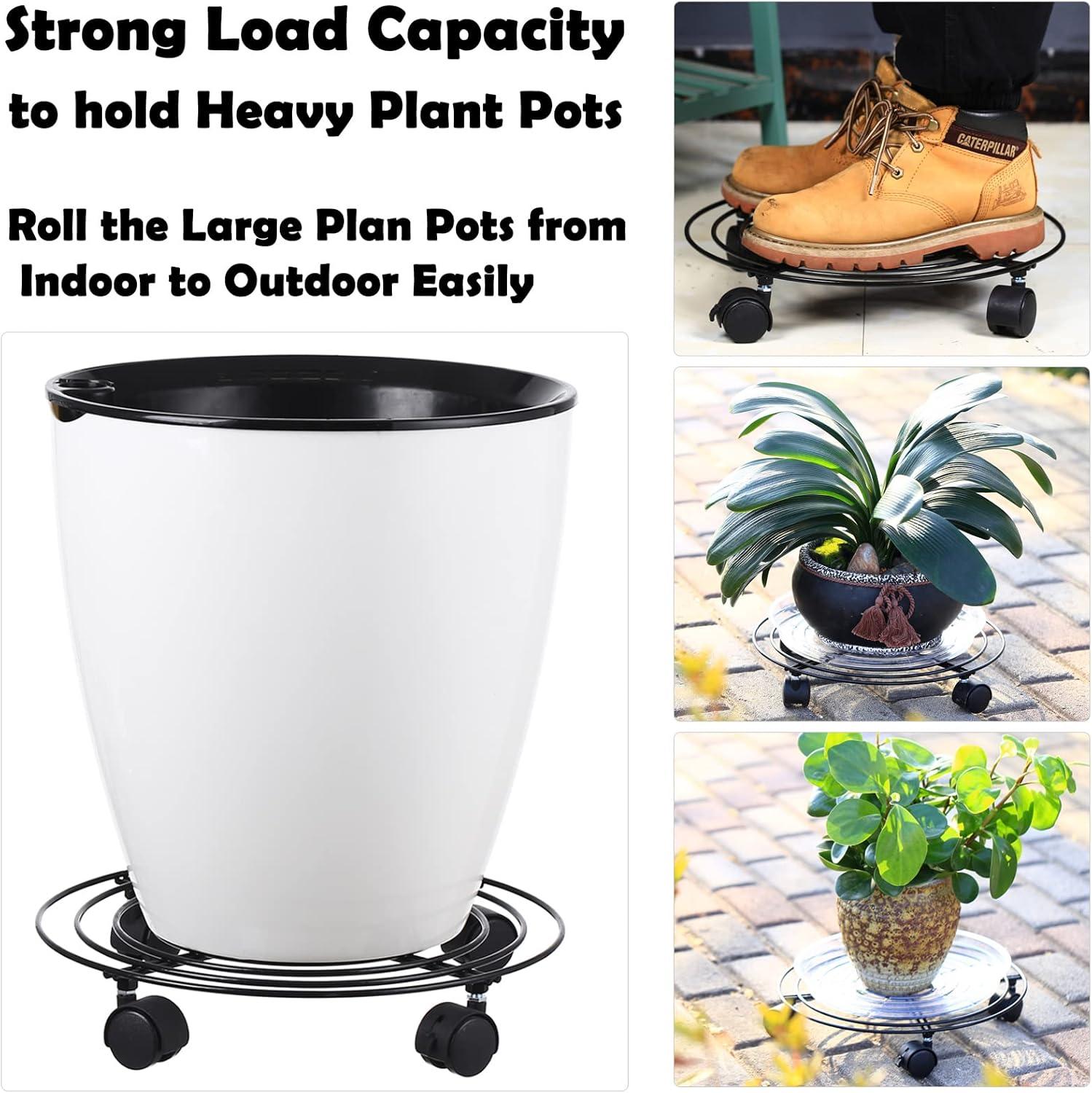 5 Packs Large Metal Plant Caddy 13.8” Plant Dolly with Wheels Heavy-Duty Wrought Iron Rolling Plant Stand with Casters for Indoor and Outdoor Plant Pot Rollers Black, Plastic Saucers Included