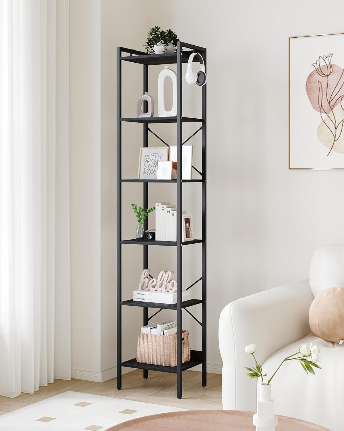 Bookshelf, Book Shelf, Industrial Bookcase with 2 Hooks, Coner Shelf Storage Organizer for Home Office, Living Room, Bedroom, Kitchen, 6-Tier Black