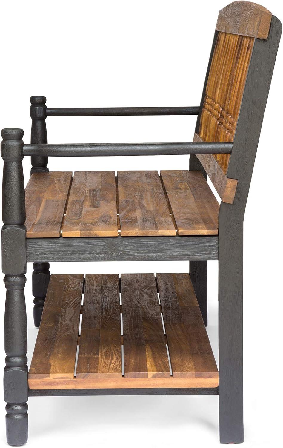 Teak and Black Acacia Wood Bench with Shelf, 51"