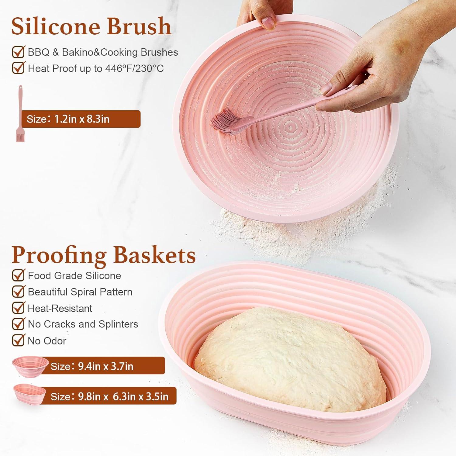 Premium Banneton Bread Proofing Basket Set of 2 - Silicone Sourdough Starter Kit 10 Inch Oval & 9 Food Grade Silicone Material Practical Bread Making Starter Kit