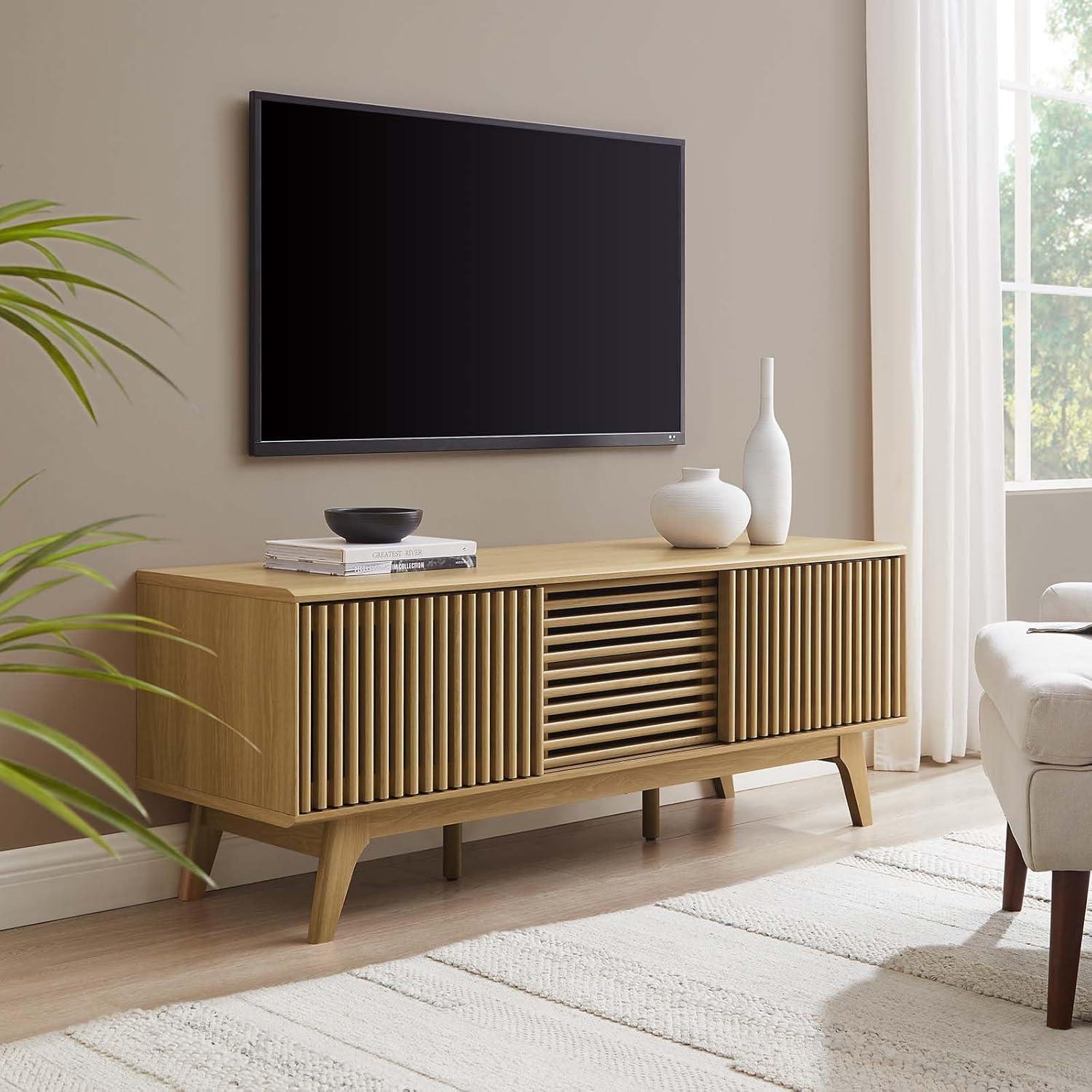 Oak 59" TV Stand with Slatted Sliding Doors