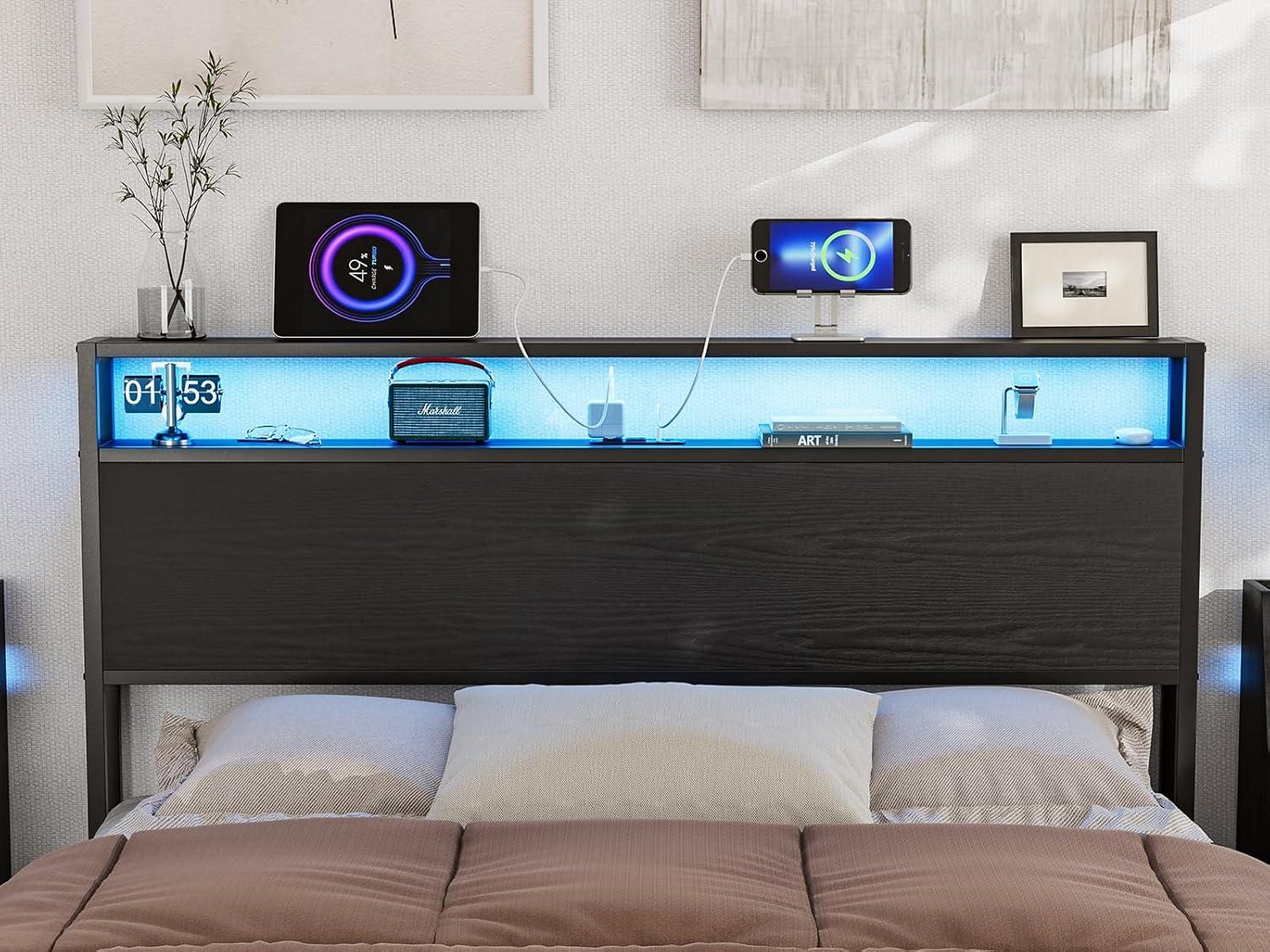 Ivy Bronx Kaiwei Storage Headboard With Led Lights & Charging Station - Industrial Metal And Wood