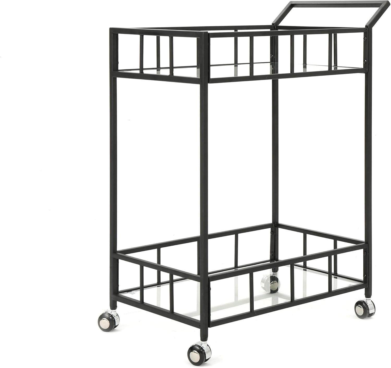 GDF Studio Talon Indoor/Outdoor Modern Iron 2 Tiered Bar Cart with Tempered Glass Top, Black