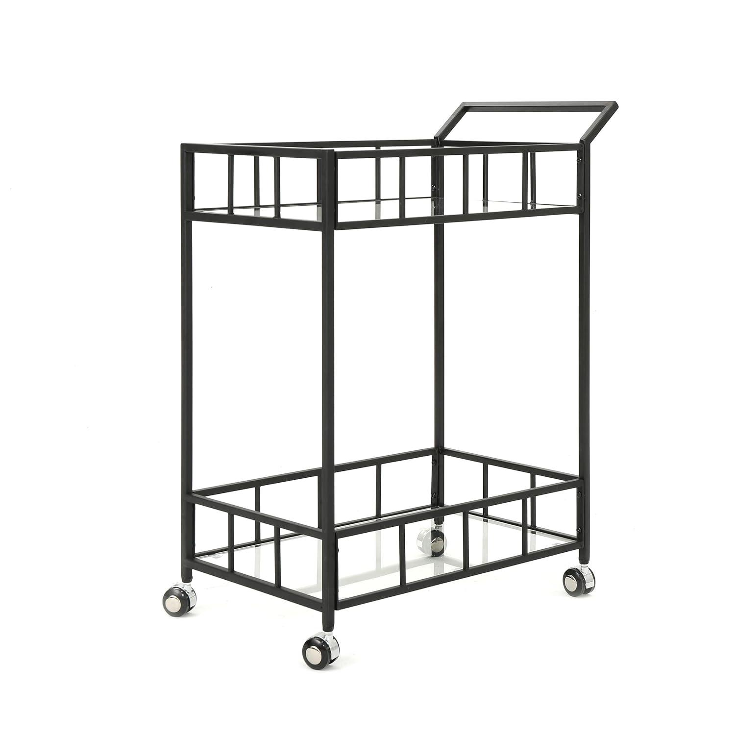 GDF Studio Talon Indoor/Outdoor Modern Iron 2 Tiered Bar Cart with Tempered Glass Top, Black