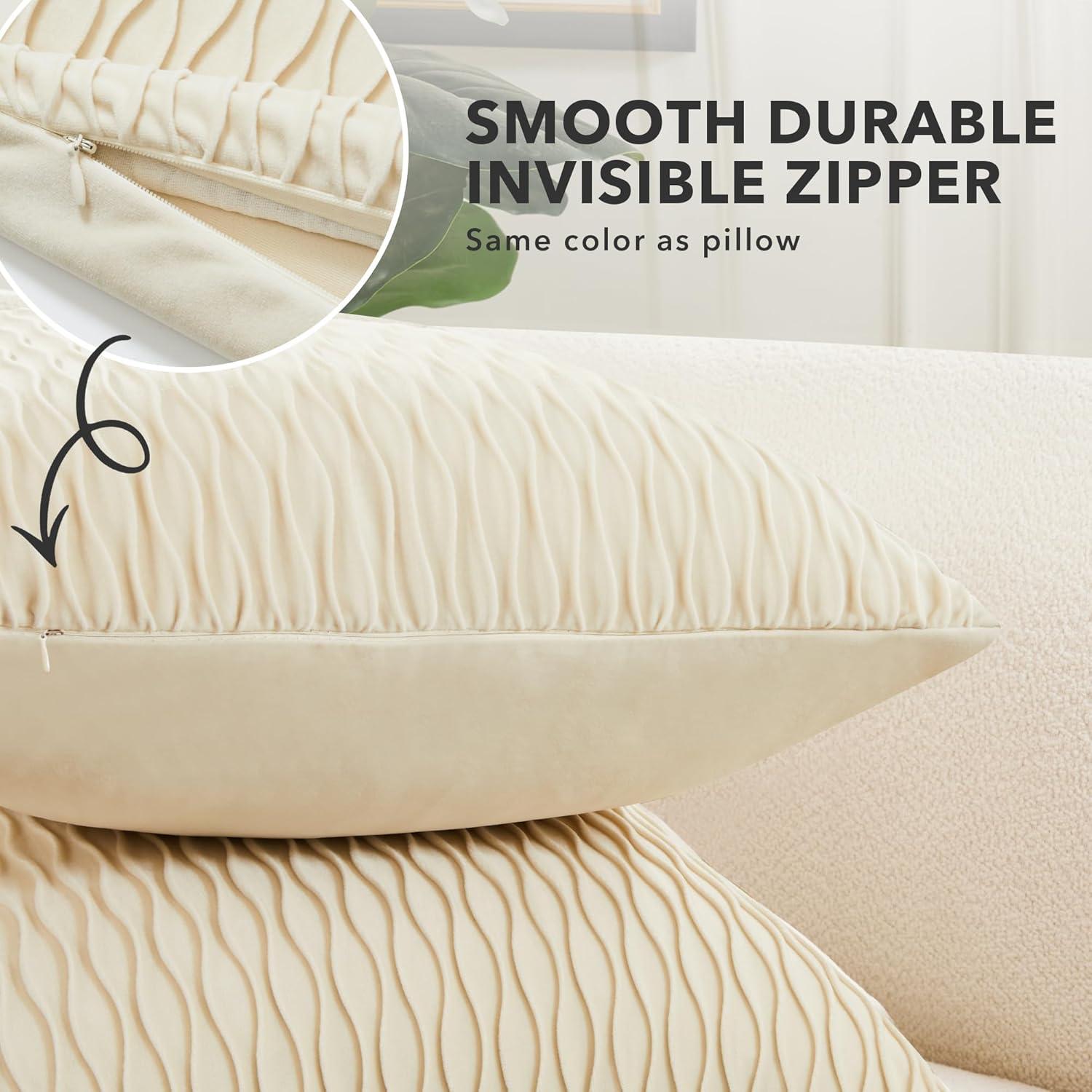 Deconovo Decorative Velvet Throw Pillow Covers, Set of 2, Soft & Elegant Cushion Covers for Sofa, Bedroom, Living Room & Home Decor, Wave/Cream White, 16x16 Inch