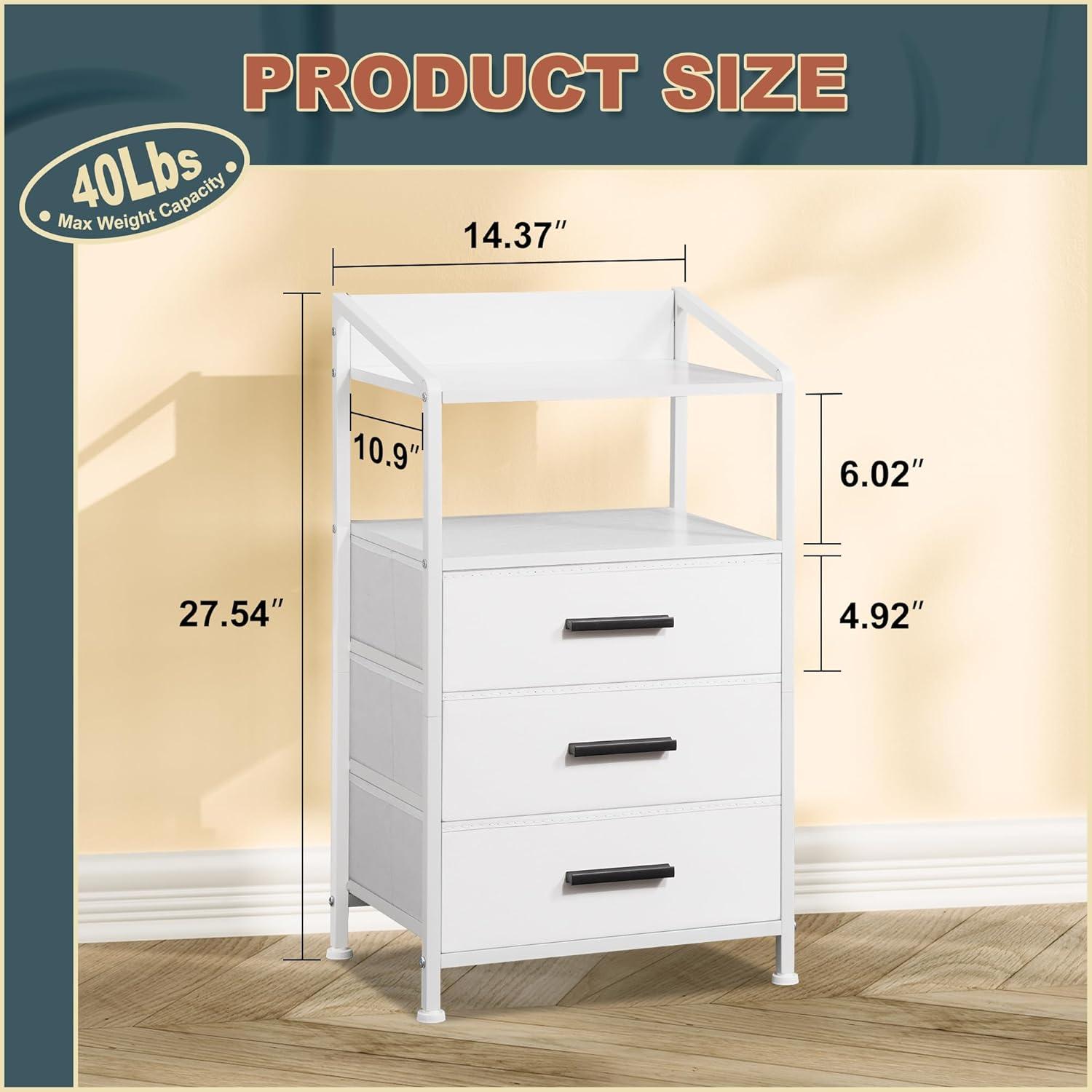 Nightstand Drawer Dresser, Vertical Side Table with Fabric Drawers 3-drawer