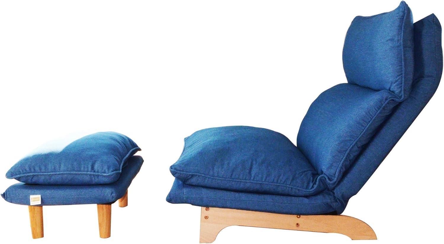 Lazy Chair with Ottoman, Modern Accent Lounge Chair Single Leisure Upholstered Sofa with Adjustable Back, Reading Chair for Living Room, Bedroom, Dark Blue