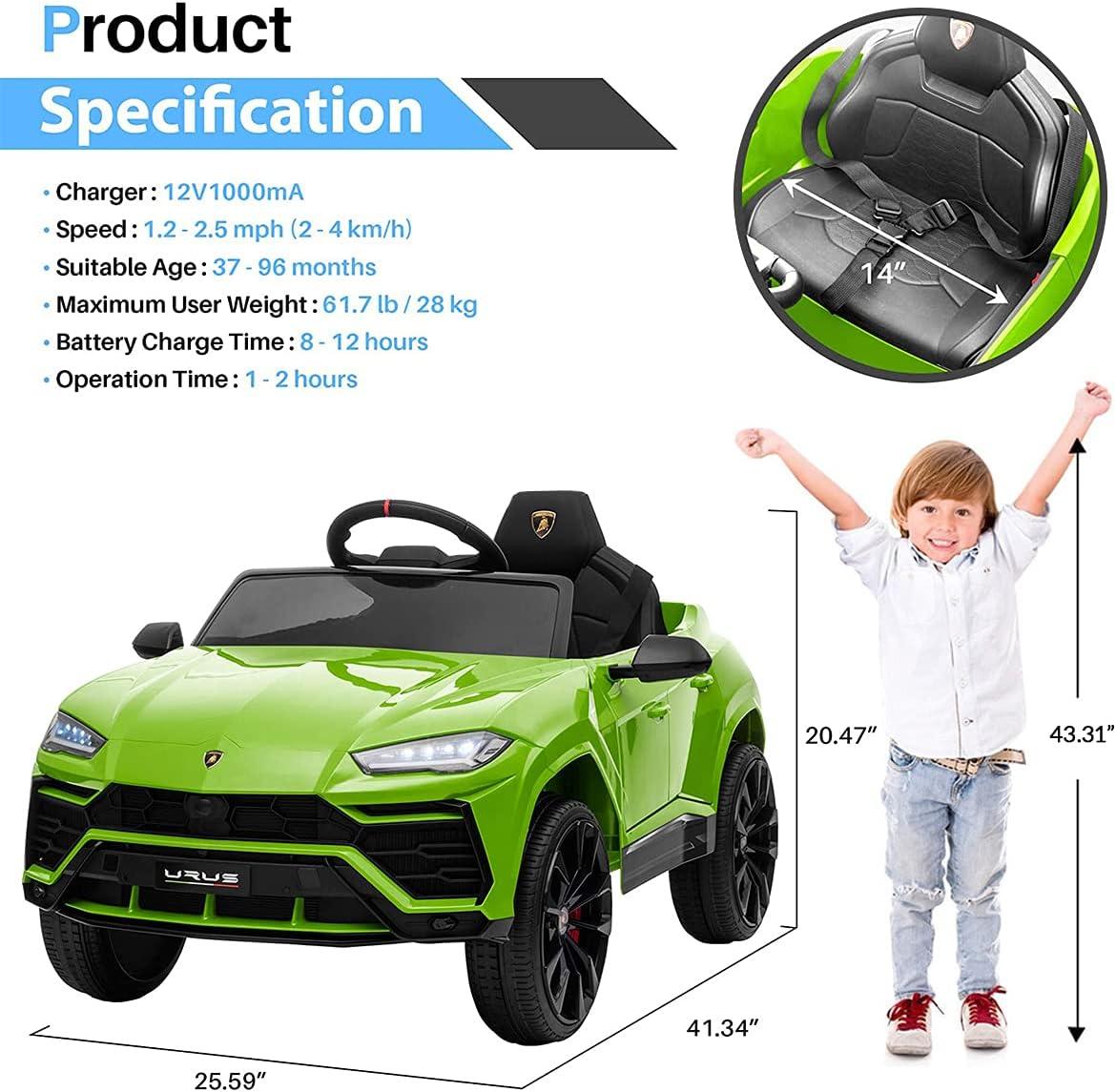 Licensed Lamborghini Urus Ride On Car Toy, 12V Battery Powered Electric Vehicle Kids Ride on Toy Parent Remote Control, Foot Pedal, Music, Aux, LED Headlights, 2 Speeds, Green