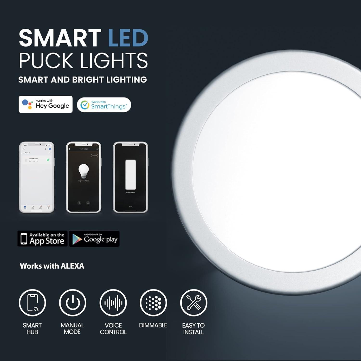 Cool White Smart Dimmable LED Puck Lights with Alexa Compatibility