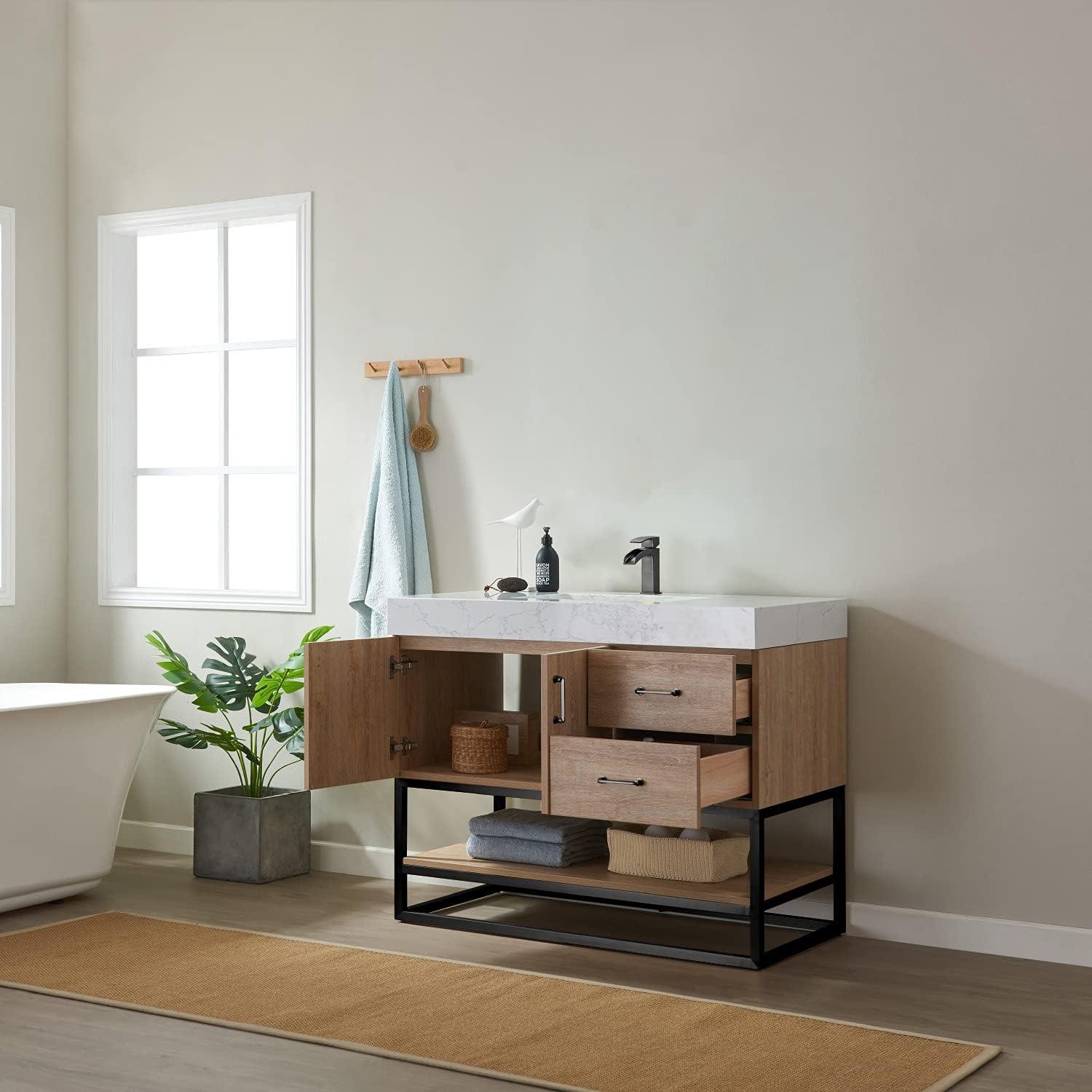 42 Inch Oak Single Vanity with White Stone Top and Matte Black Frame