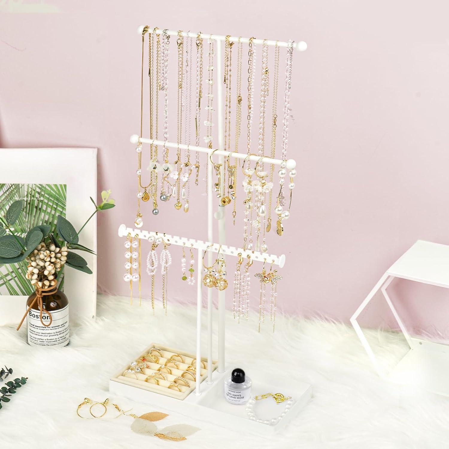 Jenseits Jewelry Organizer Stand Necklace Holder Organizer, 3-Tier Earrings Organizer w/Bracelet Storage Display & Velvet Ring Tray, Cute Metal Aesthetic Jewelry Tower Rack for Women Girls - Gold C47