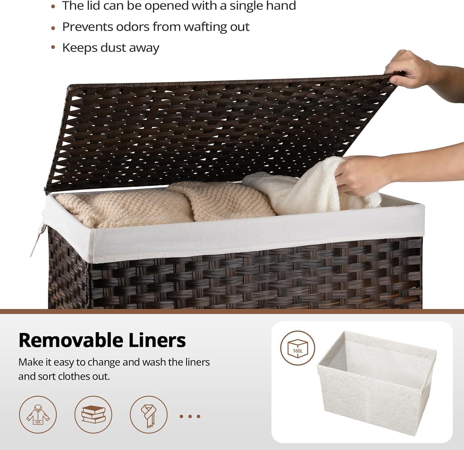 Storage Basket with Lid Wicker Baskets for Storage with 2 Separate Lid 42.3 Gallon (160 L) Rattan Storage Basket with 2 Liners and Handles Woven Storage Basket for Bedroom Laundry Brown